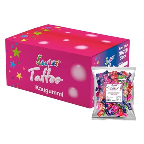 Tise Süsswaren Super Tattoo Kaugummi Mix Karton, Wurfmaterial Karneval Fasching Veranstaltungen Partys Giveaway Kindergeburtstag (10x200 Stück) von Tise Süsswaren