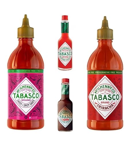 Tabasco Sriracha 300 ml und TABASCO Sweet & Spicy 256 ml und Tabasco Red Pepper 57 ml und Tabasco Chipotle 57 ml von Tooludic