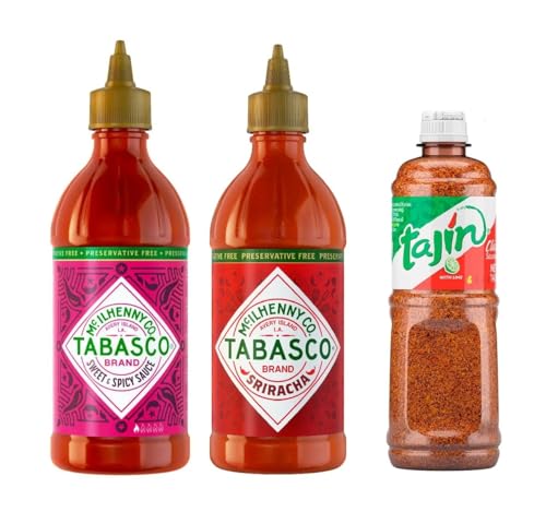 Tabasco Sriracha 300 ml und TABASCO Sweet & Spicy 256 ml und Tajin mexikanisches Gewürz Jumbogröße 400g von Tooludic