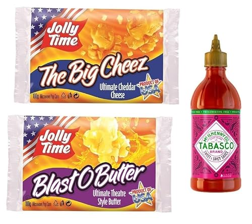 Tabasco Sweet & Spicy 256 ml & Jolly Time The Big Cheez mit Cheddar 100 g & Jolly Time Jolly Time Blast O Butter100 g von Tooludic