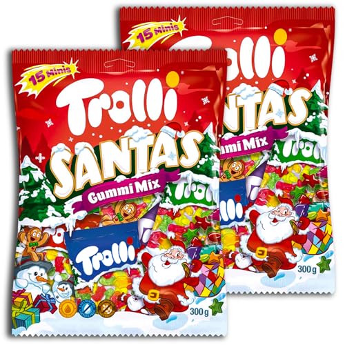 2 er Pack Trolli Santas Gummi Mix - Fruchtgummi Minis 2 x 300 g Tüte mit je 15 kleine Tütchen Weihnachtsmix von TopDeal