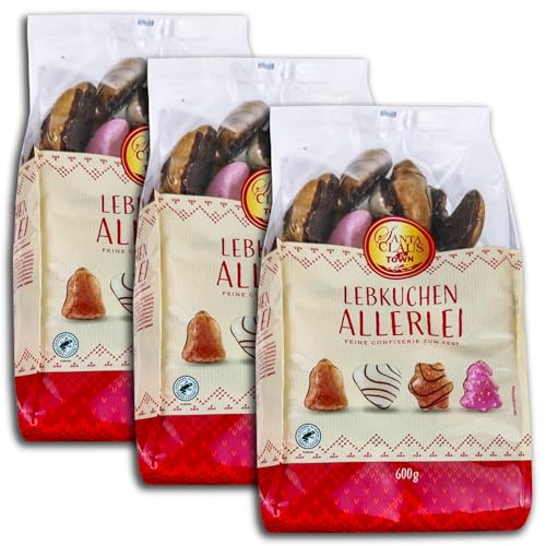 3 er Pack Lebkuchen Allerlei -Santa Claus in Town-glassiere Lebkuchen mit Zartbitterboden 3 x 600 g von TopDeal