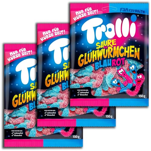 3 er Pack Trolli Saure Glühwürmchen Fan-Favorite Blau-Rot 3 x 150g von TopDeal