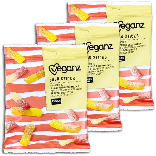 3 er Pack Veganz Sour Sticks 3 x 100g Saures Fruchtgummi mit Pfirsich-Grapefruit-Geschmack von TopDeal