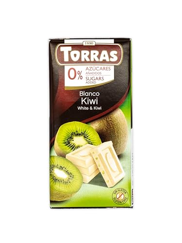 Torras zuckerreduzierte Schokolade, Schokolade ohne Zuckerzusatz, Weiße Schokolade mit Kiwi, Tafel (75g) von Torras