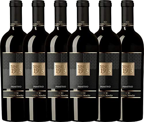 VINELLO 6er Weinpaket Primitivo - Since 1913 Primitivo Puglia IGT 2016 - Torrevento mit einem VINELLO.weinausgießer | trockener Rotwein | italienischer Rotwein aus Apulien | 6 x 0,75 Liter von Torrevento