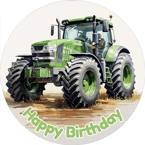 Tortenbild 20cm Happy "Birthday Traktor Grün" - essbarer Tortenaufleger rund aus Premium-Dekor-Papier von Tortenbild