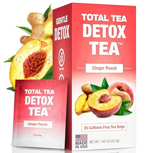 Total Tea Zero Coffein Tee Detox Tee - Ganz Natürlich - Kräutertee zur Sanften Reinigung Unterstützt die Leberregeneration, Körper entgiften, Entgiftungskur - 25 Teebeute Ingwer-Pfirsich von Total Tea