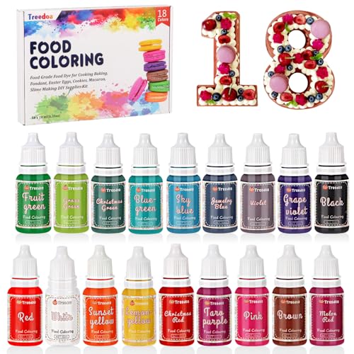 Lebensmittelfarbe Flüssige Set,18 Farben x 10ml Lebensmittel Farben,Hochkonzentriert Lebensmittelfarbstoff für Kuchen Backen,Kekse,Macaron,Tortendeko,Osterei,Fondant,Teig,DIY Slime,Seifen,Backzubehör von Treedoa