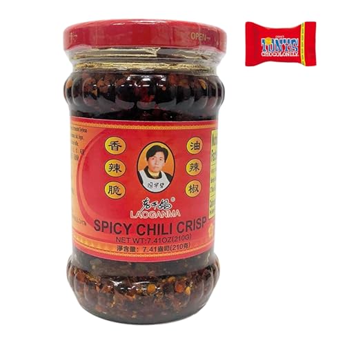 Lao Gan Ma Roasted Chilli Paste 1X 210 g – Knusprige Chilis in Öl, geröstete Chiliflocken mit Szechuan Pfeffer, Chili Sauce mit fermentierten Sojabohnen, Würzig und Scharf, Vegan - Trinovi von Trinovi.com