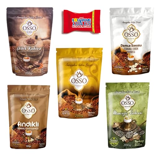 Trinovi Osso Menengiç, Dibek, Haselnuss, Mastix-Kaffee und Osmanischer Kaffee, 5 x 200 g, Traditionelle Sorten, Frisch Gemahlen Kaffee, Aromatischer Genuss Gemahlener Kaffee von Trinovi.com