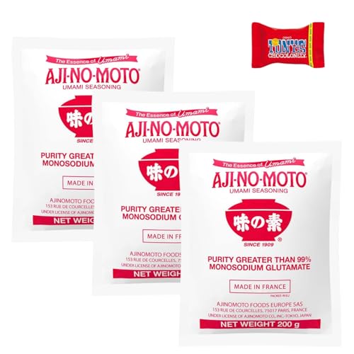 AJINOMOTO Monosodium Glutamat, (3 X 200 GR), Mononatriumglutamat (MSG), Hochwertiger Geschmacksverstärker für asiatische und internationale Küche, Mit Tony's Chocolonely Schokoladenriegel- Trinovi von Trinovi