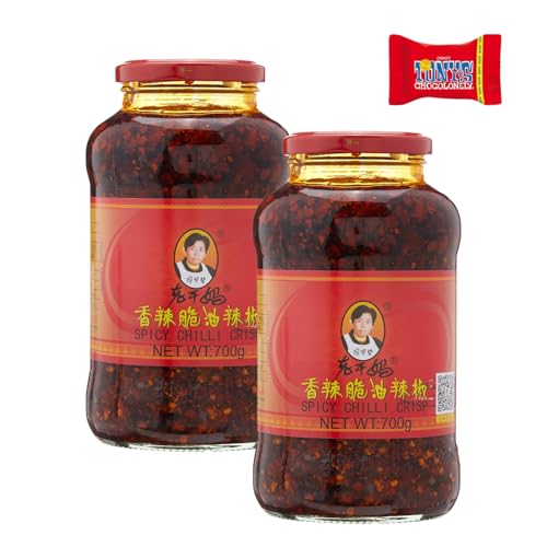 Lao Gan Ma Roasted Chilli Paste, 2x700 g, Geroestete Chilipaste, Crispy Chilli, Knusprige Chilis in Öl, Geroestete Chiliflocken mit Zsechuan Pfeffer, Mit Tony's Chocolonely Schokoladenriegel- Trinovi von Trinovi