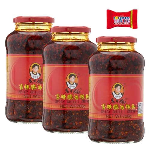 Lao Gan Ma Roasted Chilli Paste, 3x700 g, Geroestete Chilipaste, Crispy Chilli, Knusprige Chilis in Öl, Geroestete Chiliflocken mit Zsechuan Pfeffer, Mit Tony's Chocolonely Schokoladenriegel- Trinovi von Trinovi