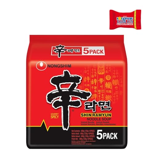 Nong Shim Instantnudeln Shin Ramyun – Koreanische Rindfleisch Ramen Suppe sehr scharf - schnelle Zubereitung – 1er Multipack - 5 x 120g von Trinovi