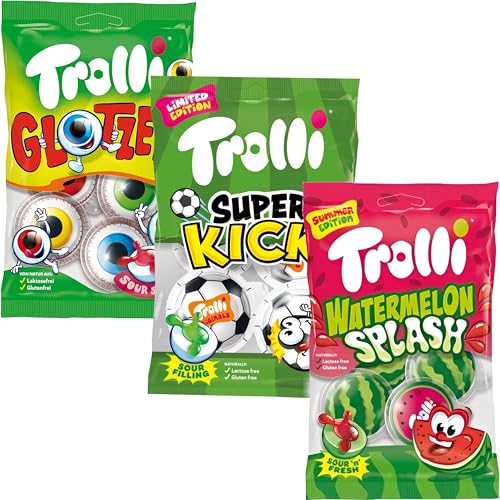 Trolli Glotzer, SuperMelon & Super Kicker 3er Mix, Fruchtgummi-Spaß trifft auf sauren Kick, für den ultimativen Genuss, ideal für den Sommer, Sportevents und für Unterwegs von Trolli