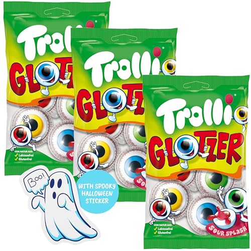 Trolli Glotzer Halloween Süßigkeiten - 3 Tüten à 75g mit je 4 Augen (insgesamt 12 Glotzer) - Laktose- und Glutenfrei, inkl. Geister-Sticker - Perfekt für Schultüten, Pinatas und als Party Deko von Trolli