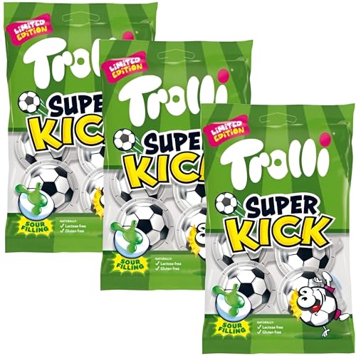 Trolli Super Kick 3x75g Packung, limitierte Edition zur EM 2024, Gummibärchen gefüllt mit saurer Apfel-Füllung, perfekt zum Mitfiebern zur Fußball-Europameisterschaft, lactose- & glutenfei von Trolli