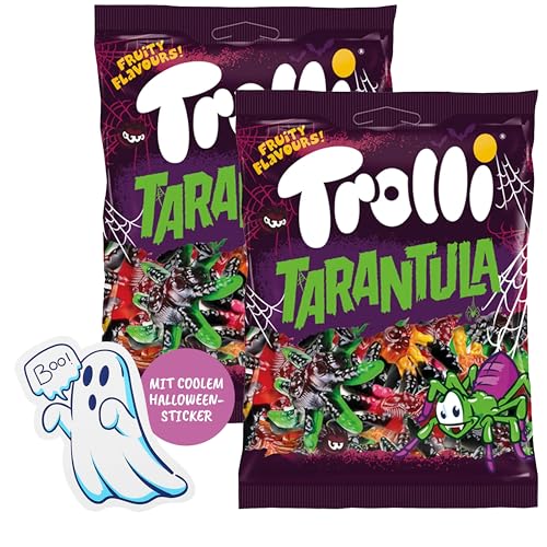 Trolli Tarantula 2er Set je 150g Gummi-Spinnen inkl. Geistersticker, Laktose- und glutenfrei,Tarantula Fruchtgummi in verschiedenen Geschmacksrichtungen, passend für Hexen-Deko und Halloween-Partys von Trolli