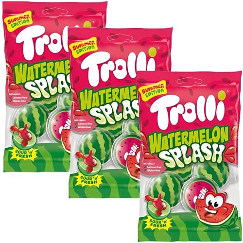 Trolli Watermelon Splash Melon Mania 3x75g Packung, Fruchtgummi gefüllt mit saurer Wassermelonen-Füllung, Gummibärchen in Wassermelonen-Optik, ideal für den Sommer und für Unterwegs, Sommerspaß in 3D von Trolli