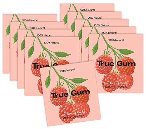 10er SET True Gum - Raspberry & Vanilla, 20 g Packung / Kaugummi mit natürlicher Kaumasse ohne Zucker / Himbeere & Vanille von True Gum