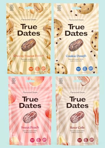 True Dates - Probierset 4 Sorten | Sour Cola, Sweet Peach, Creamy Peanut Butter, Cookie Dough | natürlich aromatisierte Datteln | 4x100 g von True Gum