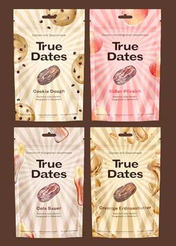 True Dates - Probierset 4 Sorten | Sour Cola, Sweet Peach, Creamy Peanut Butter, Cookie Dough | natürlich aromatisierte Datteln | 4x100 g von True Gum