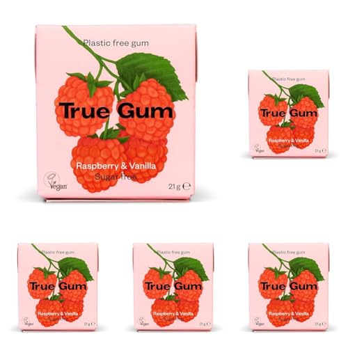 True Gum, Plastikfreier Kaugummi, Himbeere & Vanille, Vegan, 21 g (Packung mit 5) von True Gum