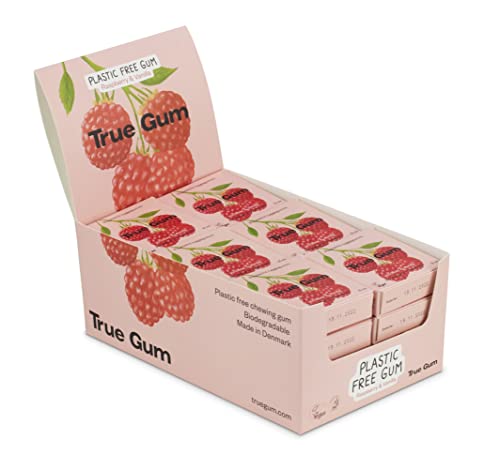 True Gum 24er Display: HIMBEERE & VANILLE | Plastikfreier Kaugummi | Biologisch Abbaubar | Vegan | 24 x 21 g, 504 g von True Gum