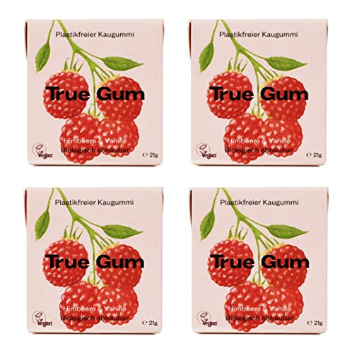 True Gum 4er SET: HIMBEERE & VANILLE / Plastikfreier Kaugummi / Biologisch Abbaubar / Vegan / 4 x 21 g, 84 g von True Gum