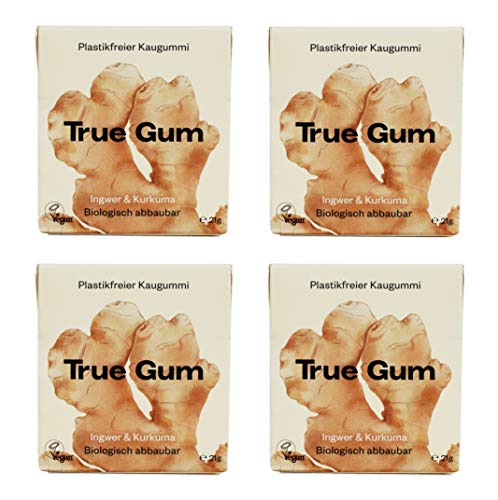 True Gum 4er SET: INGWER & KURKUMA | Plastikfreier Kaugummi | Biologisch Abbaubar | Vegan | 4 x 21 g, 84 g von True Gum