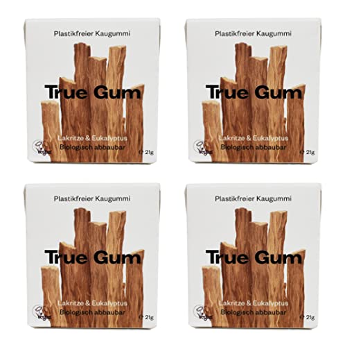 True Gum 4er SET: Lakritze & Eukalyptus / Plastikfreier Kaugummi / Biologisch Abbaubar / Vegan / 4 x 21g, 84g von True Gum