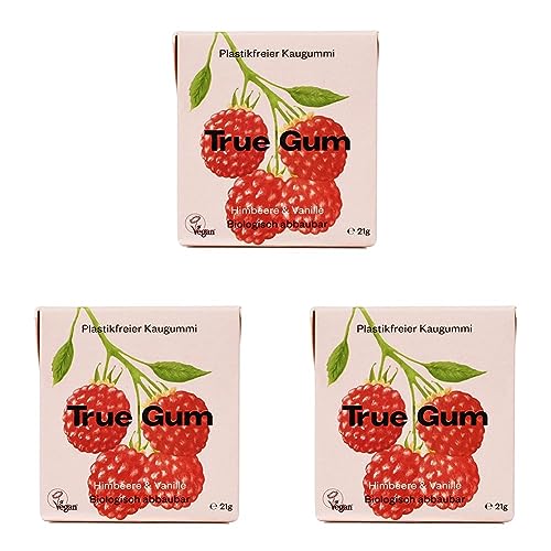 True Gum Himbeere & Vanille | Plastikfreier Kaugummi | Biologisch Abbaubar | Vegan | 21 g (Packung mit 3) von True Gum