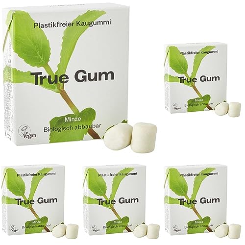 True Gum - Minze | Plastikfreier Kaugummi | Biologisch Abbaubar | Vegan | 21 g (Packung mit 5) von True Gum