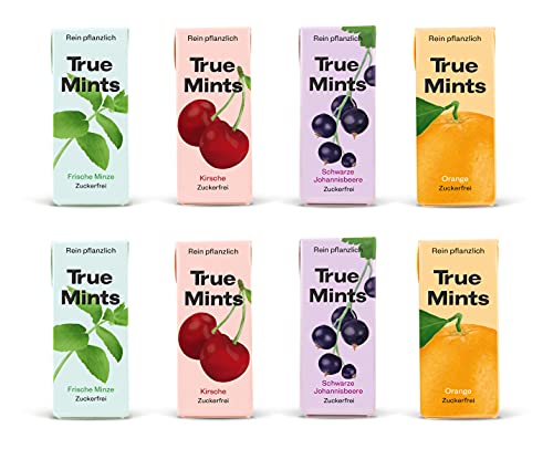 True Gum True Mints - 8er SET | PROBIERSET | 2x Frische Minze | 2x Schwarze Johanisbeere | 2x Kirsche | 2x Orange - pflanzliche und zuckerfreie Pastillen, 8 x 13g von True Gum