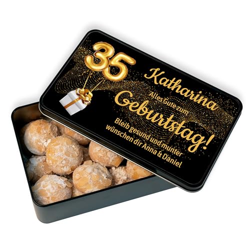 Geschenkdose personalisiert mit Jahreszahlen, Namen & Wunschtext „Alles Gute zum Geburtstag“ – moderne Geburtstagskarte mit Schokolade oder Makronen als Geschenk (24 Orangen-Makronen) von True Statements