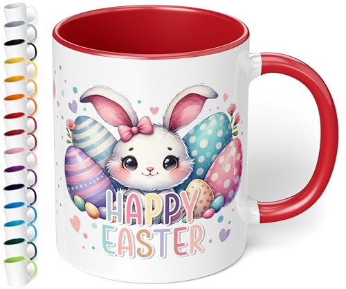 Kleines Ostergeschenk „Happy Easter“ mit süßem Osterhasen & Ostereiern – 330ml Keramik Kaffeetasse – Geschenke zu Ostern Easter gift (Rot) von True Statements