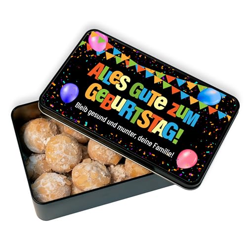 Makronendose personalisiert „Alles Gute zum Geburtstag“ - moderne Geburtstagskarte mit Gebäck - Geschenkdose inkl. 24 Orangen-Makronen, Geburtstagsgeschenk, Motiv: Konfetti Luftballons von True Statements