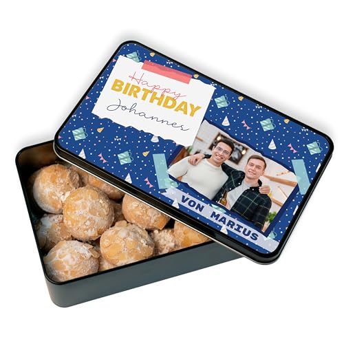 Makronendose personalisiert „Happy Birthday“ - Geburtstag Foto-Geschenk mit Bild & Wunschtext selbst gestalten - Geschenkdose inkl. 24 Orangen-Makronen, Motiv: Blau von True Statements