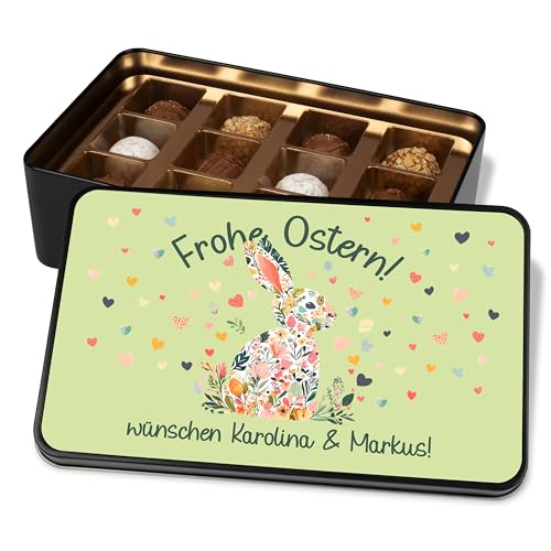 Personalisierte Schokolade zu Ostern - Dein Ostergeschenk „Frohe Ostern!“ – Osterhase mit Herzen – Geschenkdose mit 12 Confiserie-Pralinen von True Statements