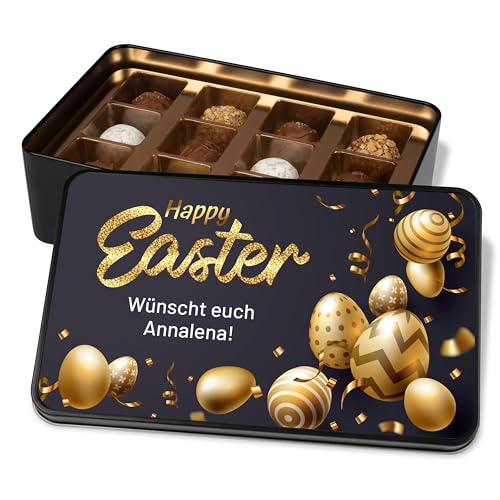 Personalisierte Schokolade zu Ostern - Dein Ostergeschenk „Happy Easter“ – goldene Ostereier – Geschenkdose mit 12 Confiserie-Pralinen von True Statements