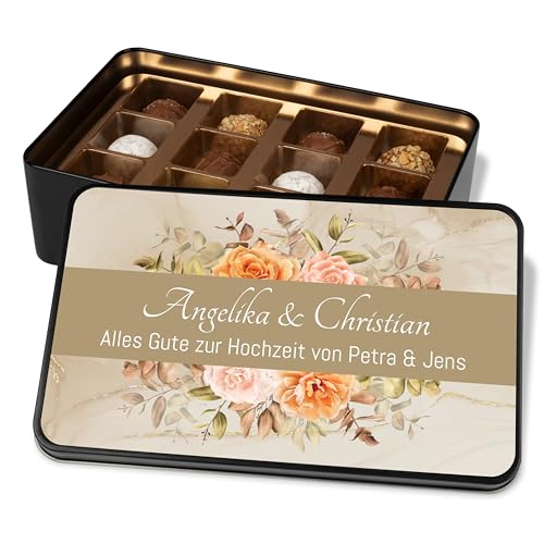 Personalisierte Schokolade zur Hochzeit - Pralinendose „Blumen Orange“ mit Namen & Datum - Hochzeitsgeschenk für Brautpaar – Geschenkdose mit 12 Confiserie-Pralinen - Retro-Design von True Statements