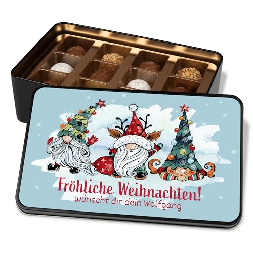 Pralinendose personalisiert „Fröhliche Weihnachten“ Wichtel-Motiv (blau) - 12 Confiserie-Pralinen in Geschenkdose – Geschenk Weihnachten Schokolade Geschenkidee Wichteln von True Statements