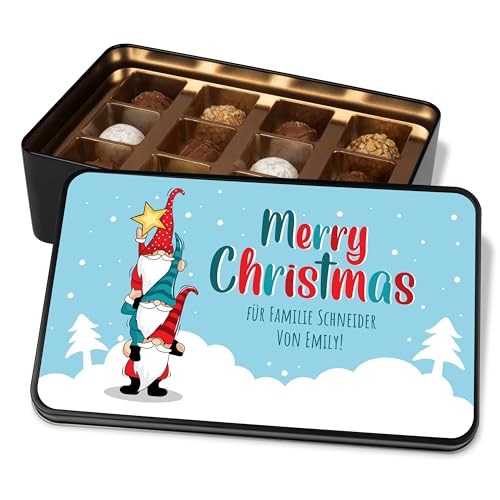 Pralinendose personalisiert „Frohe Weihnachten“ Wichtel Design - 12 Confiserie-Pralinen in Geschenkdose – Geschenk Weihnachten Schokolade Geschenkidee Wichteln (Merry Christmas (blau-weiß)) von True Statements