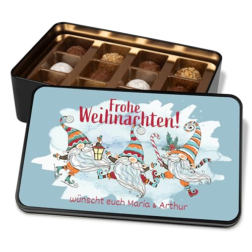 Pralinendose personalisiert „Frohe Weihnachten“ Wichtel-Motiv (blau) - 12 Confiserie-Pralinen in Geschenkdose – Geschenk Weihnachten Schokolade Geschenkidee Wichteln von True Statements