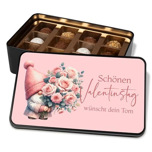 Pralinendose personalisiert „Schönen Valentinstag“ Rosa Wichtel mit Blumen - 12 Confiserie-Pralinen in Geschenkdose – Paar Geschenk Schokolade Geschenkidee Wichteln von True Statements