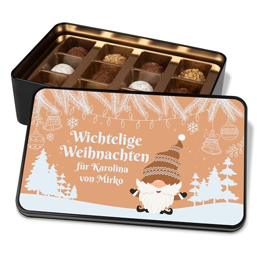 Pralinendose personalisiert „Wichtelige Weihnachten“ Beiger Wichtel-Motiv - 12 Confiserie-Pralinen in Geschenkdose – Geschenk Weihnachten Schokolade Geschenkidee Wichteln von True Statements