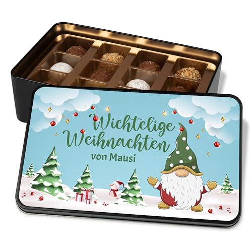 Pralinendose personalisiert „Wichtelige Weihnachten“ Grün Roter Wichtel-Motiv - 12 Confiserie-Pralinen in Geschenkdose – Geschenk Weihnachten Schokolade Geschenkidee Wichteln von True Statements