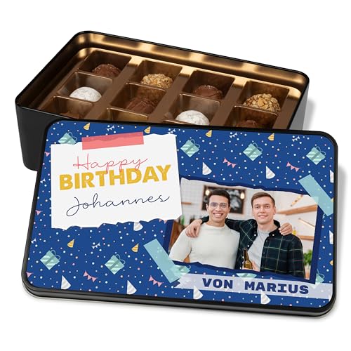 Pralinendose personalisiert mit Foto„Happy Birthday“ Blau - 12 Confiserie-Pralinen in Geschenkdose – Schokolade Geschenkidee Geburtstag von True Statements