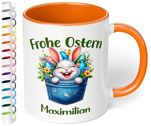 Tasse als Ostergeschenk personalisiert „Frohe Ostern“ Motiv: Osterhase Ostereier – 330ml Keramik Kaffeetasse mit Spruch – kleine Geschenke zu Ostern Easter gift (Orange) von True Statements